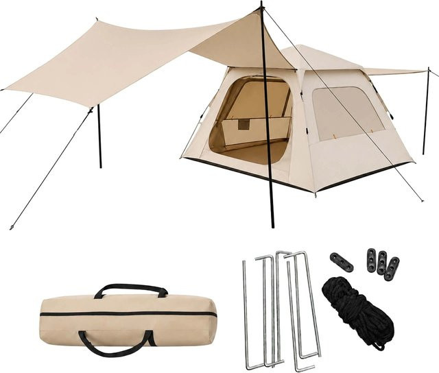 Relaxdays 2-in-1 Campingzelt aus Oxford-Gewebe in Beige und Erdbraun mit Schnellaufbau, B/T/H: 155 x 240 x 240 cm - Bild 1