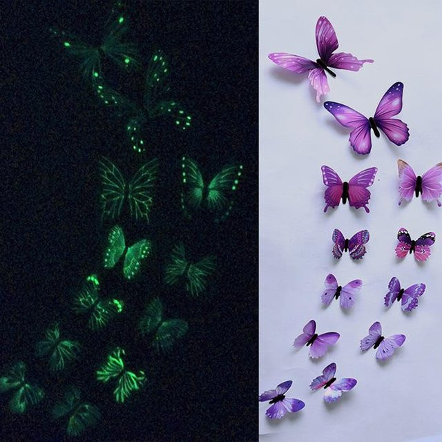Rui Di 12er Set Leuchtende 3D Schmetterling Wand Aufkleber in Lila zur Dekoration von Wohnzimmer, Hochzeit oder Party - Bild 1
