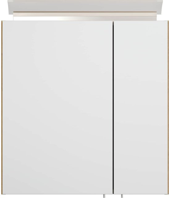 Posseik Spiegelschrank mit Design LED-Lampe und Glasböden in Eiche Gold und Weiß Hochglanz, Breite: 60 cm - Bild 1