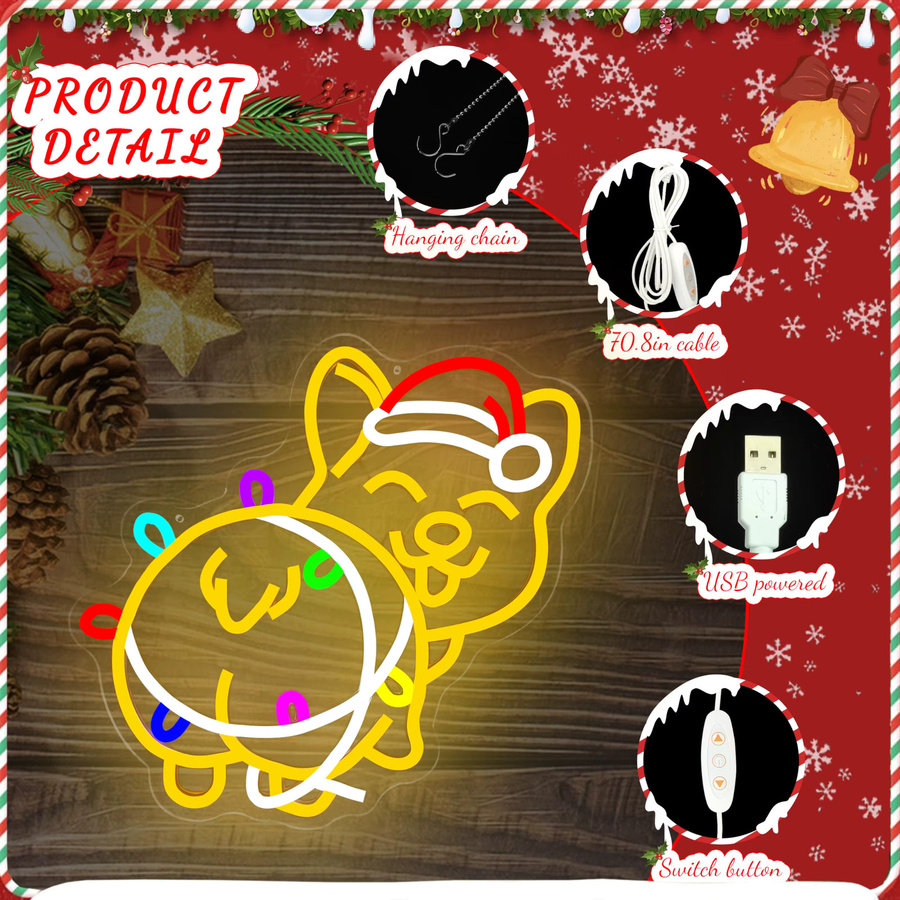 Dimmbares Corgi Weihnachts-Neonschild zur Wanddekoration in Multicolour mit USB-Anschluss - Bild 4