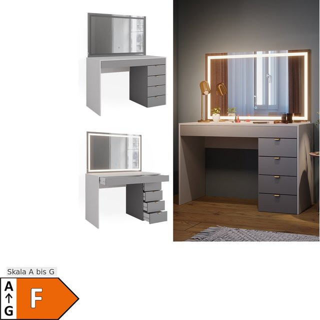 Vicco Schminktisch Elise modern in Weiß-Grau mit LED-Spiegel und Schubladen, B: 115 cm, H: 76 cm - Bild 1