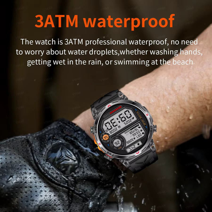 Vwar T-Rex3 Pro Military Smartwatch mit GPS, Kompass und Bluetooth für Anrufe, 5ATM wasserdicht, Farbe: Orange/Schwarz - Bild 5