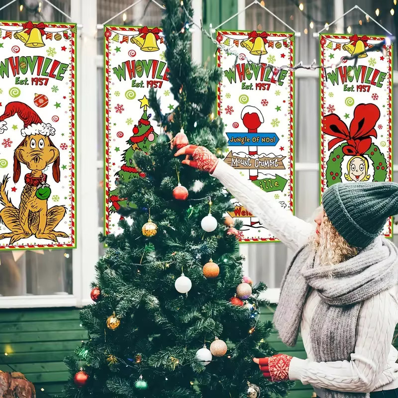 VIKAMA 4-teiliges Weihnachtsbanner zum Aufhängen Willkommen bei Whoville in Mehrfarbig für Innen- und Außenbereich - Bild 3