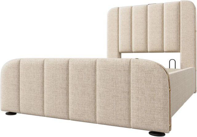 okwish Polsterbett Einzelbett mit USB Type-C Ladefunktion und Lift-up-Funktion, Farbe: Beige, Material: Leinen, B/T/H: 90 x 200 x 102 cm - Bild 1