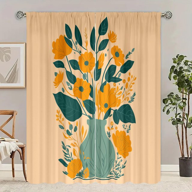 Yiran Furniture 2er-Set bedruckte Vorhänge mit Blumenmuster in Orange, semi-transparent, Polyester - Bild 1