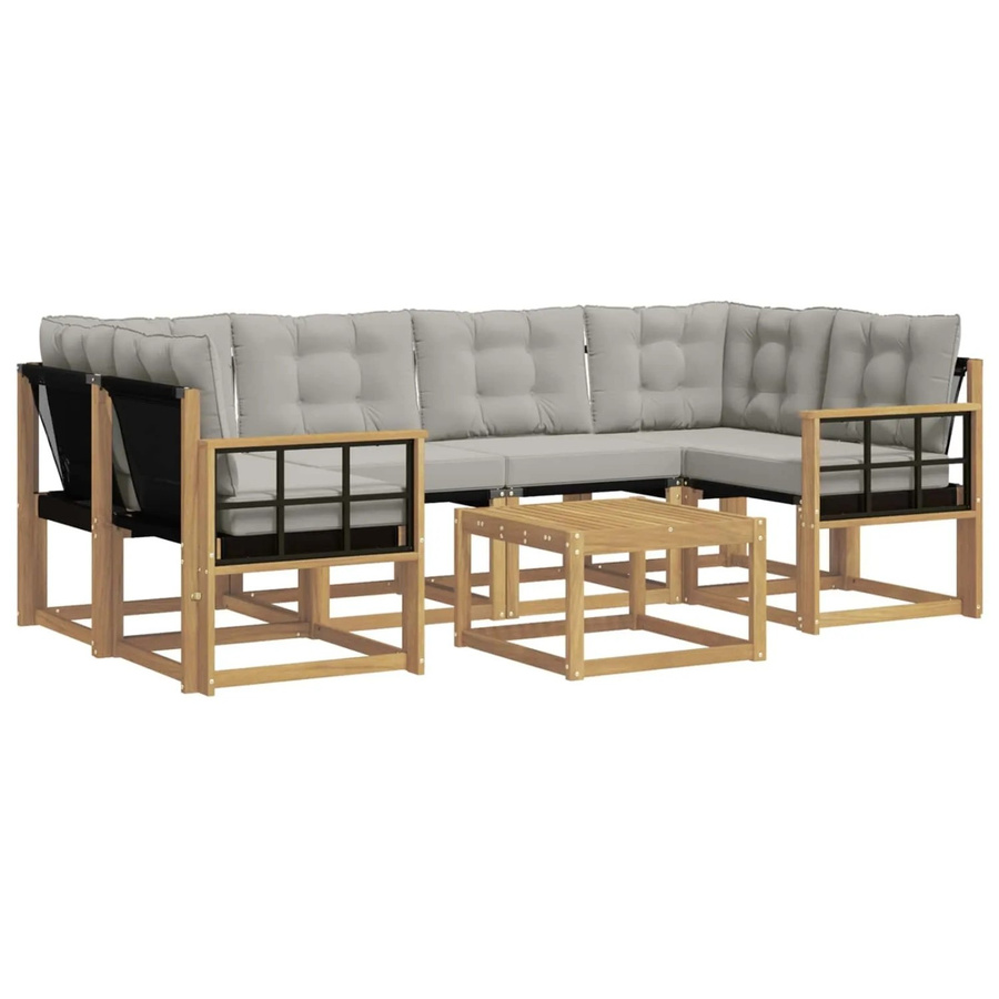 vidaXL Outdoor-Sofagarnitur 7-teilig aus Akazienholz und Textilene in Weiß-Hellgrau mit Kissen und Armlehnen - Bild 2