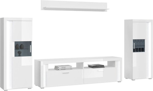 Wohnwand SKYLIGHT von xonox.home in Weiß und Grau mit Hochglanz-Finish und integrierter Beleuchtung, B/H/T: 351 x 202 x 46 cm - Bild 1