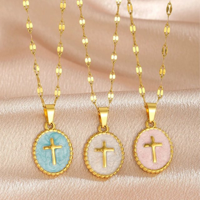 Erpels Halskette Edelstahl, Elliptischer Kreuz-Anhänger, Opal, Bunt, Damen - Bild 1