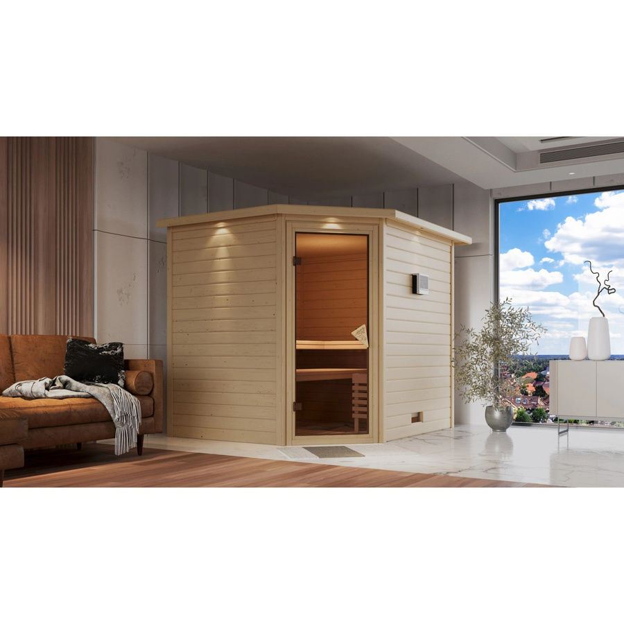 Karibu Sauna Tilda mit Edelstahlofen und externer Steuerung in Beige - Bild 2