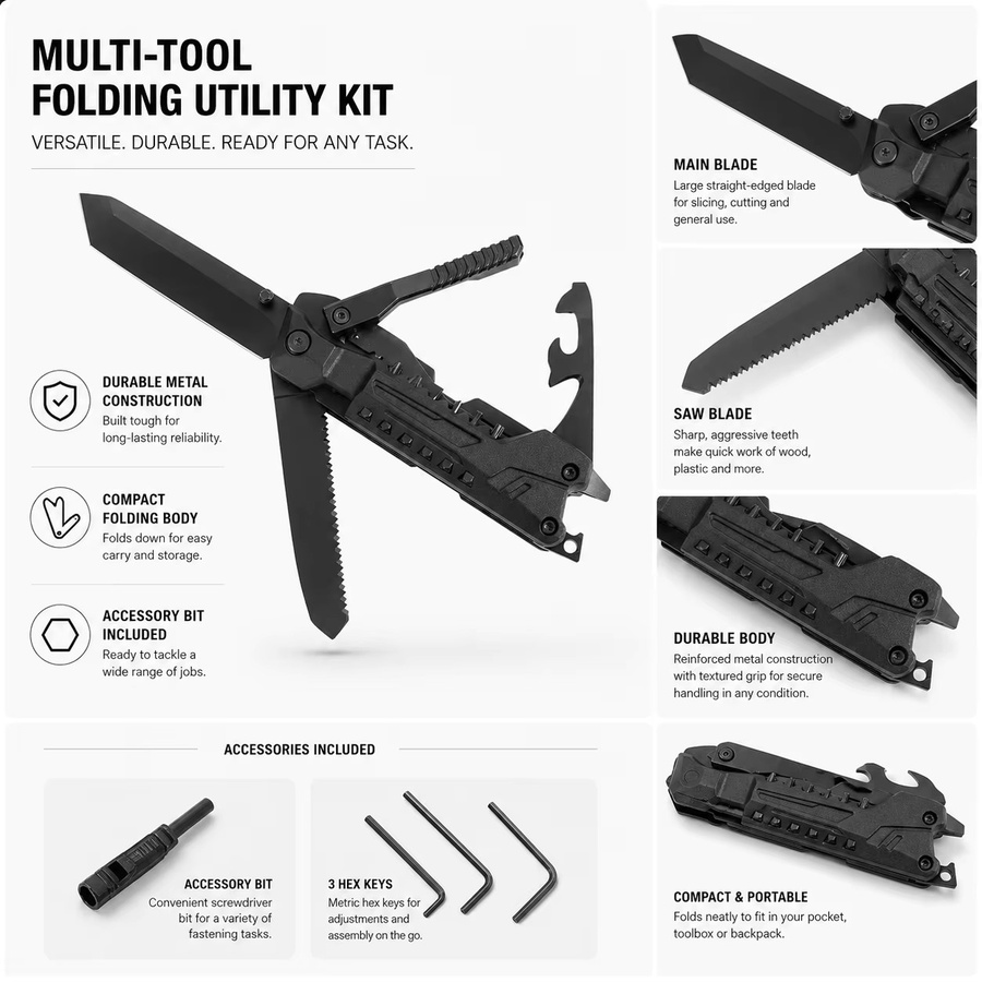 Klappbares Multifunktionswerkzeug in Schwarz mit Universalmesser, Säge, Schraubendreher-Bits und Sechskantschlüssel-Set für Outdoor und Camping - Bild 3