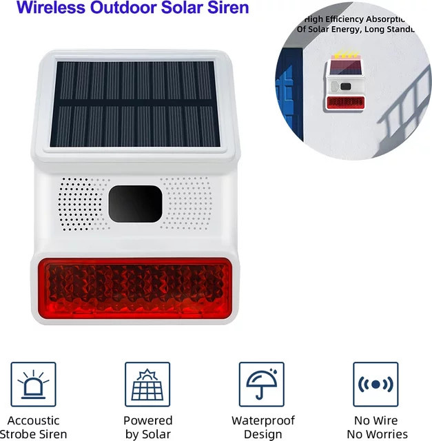 TAIBOAN 433 MHz Solarsirenenalarm mit 120 dB kabellosem Stroboskophorn in Weiß, IP65 wasserdicht für GSM/WiFi-Haussicherheitssysteme im Außenbereich - Bild 1