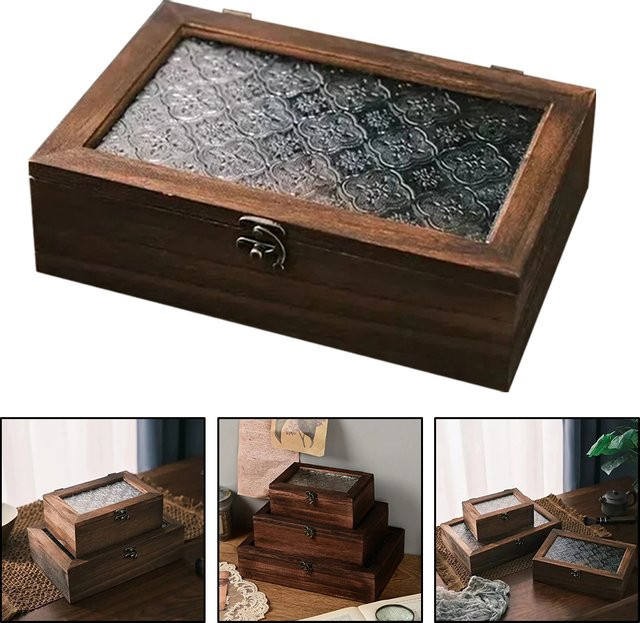 VIBRATITE Schmuckbox aus Massivholz und Glas in Braun mit floralem Design im Retro-Stil - Bild 1