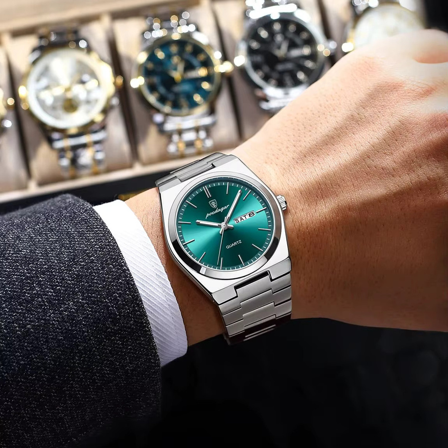 POEDAGAR Armbanduhr Edelstahl, Quarz, Blau, Herren, Datum, Wochentag - Bild 5