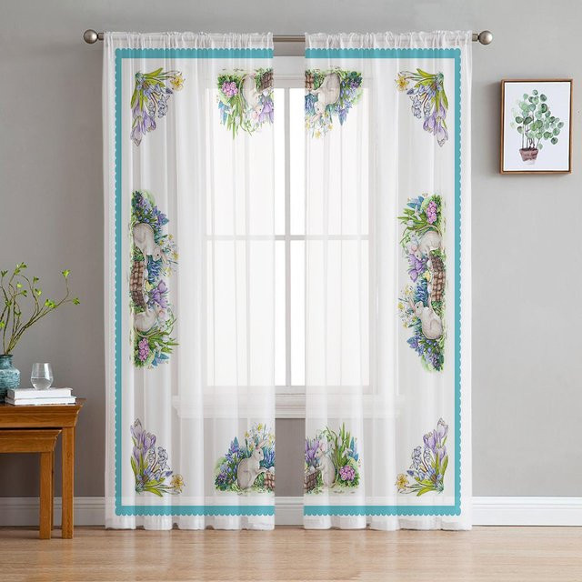 Transparenter Voile-Vorhang mit Osterhase und Maus im Aquarell-Blumen-Design von A Family Of Home Textiles, Breite: 135 cm, Höhe: 114 cm - Bild 1