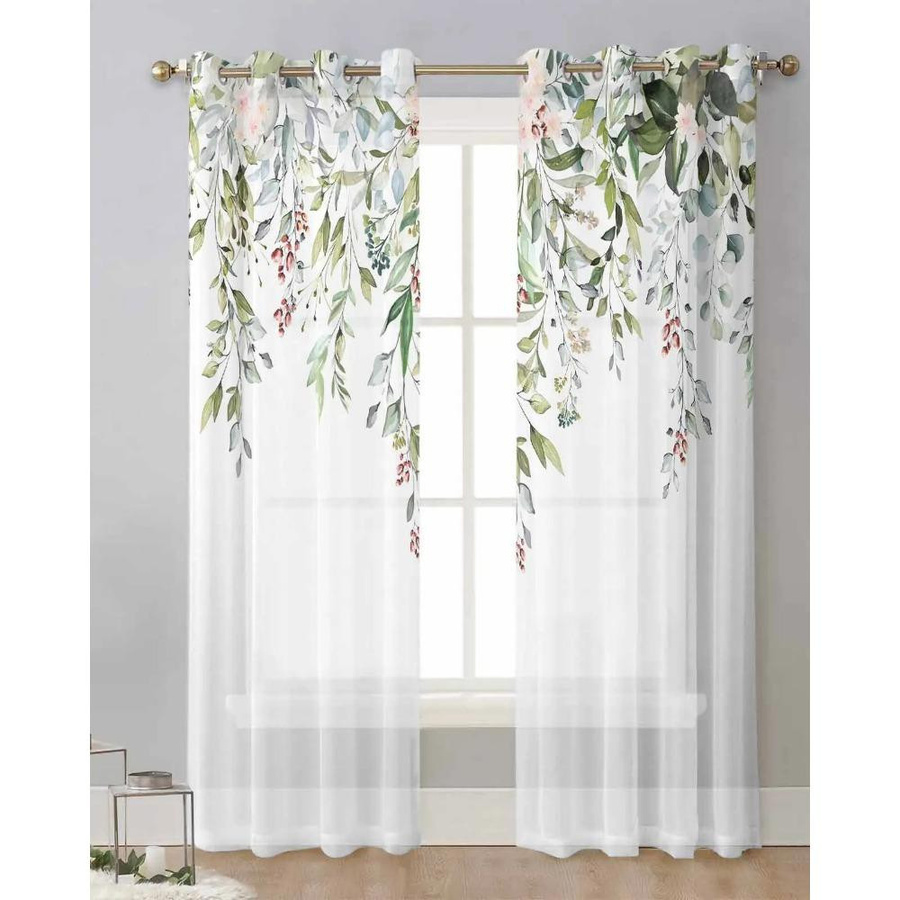 Yiran Furniture Transparenter Tüll-Vorhang mit Aquarell-Blumen und Eukalyptusblättern, Weiß, B: 135 cm, H: 115 cm - Bild 1