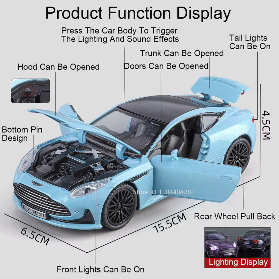 MAKEDA DB12 Vulcan Sportwagen Modell, 1:32, Metall, mit Licht und Sound - Bild 2