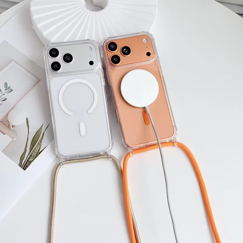 EHUIDE Magnetische Lanyard-Hülle für iPhone 17 Pro Max 16 15 14 13, Stoßfeste Crossbody-Hülle mit Umhängekordel und transparentem Acryl-Hartcover, Grau und Transparent - Bild 1