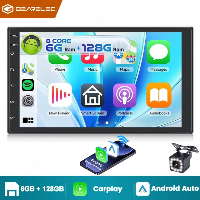 Gearelec Android 13 Autoradio mit 7 Zoll Display, 2 Din Multimedia-Videoplayer mit WLAN, GPS-Navigation, Carplay und Android Auto in Schwarz - Bild 1