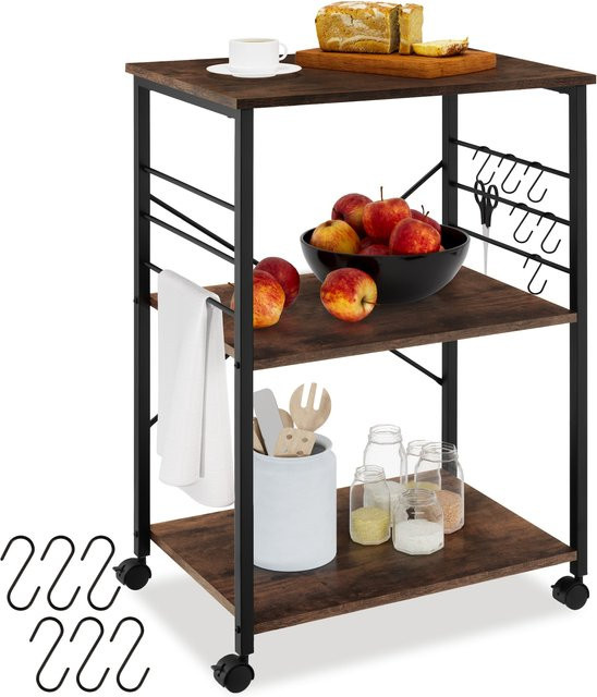 tectake Servierwagen Industrial Style in Braun mit 3 Ebenen und 6 Haken, B/T/H: 65,5 x 45,5 x 88,5 cm - Bild 2