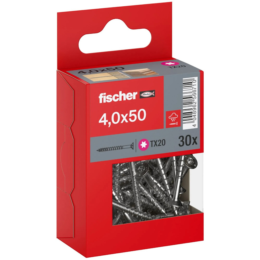 Fischer PowerFast II A2 Senkkopf TX Teilgewinde Schraube aus Edelstahl in Silber, Durchmesser: 4 mm, Länge: 50 mm, 30 Stück - Bild 2