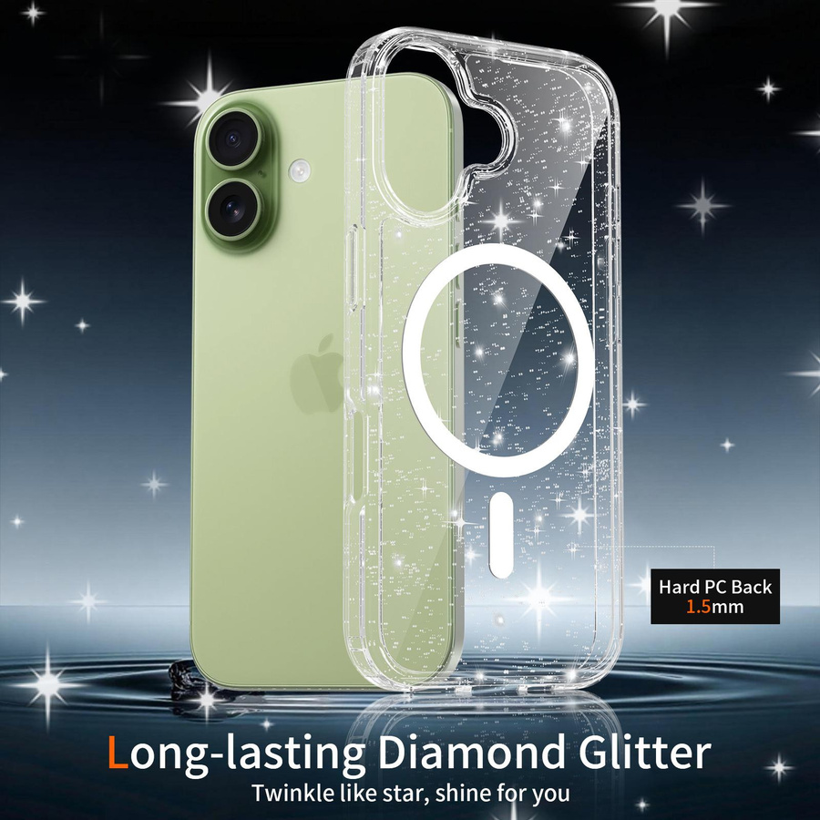 NYFundas Hybrid Schutzhülle mit MagSafe und Glitzer für iPhone 17, 16, 14, 13 Pro Max Plus – Transparent - Bild 2