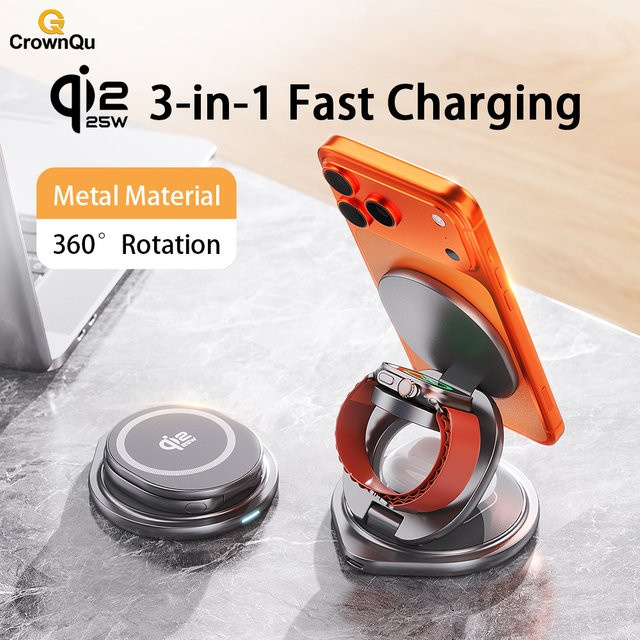 CrownQu Tragbares 25W Metall Wireless Ladegerät Qi 2.2 Schnelle Ladestation mit 360 Grad drehbarer Halterung und Ständer in Silber für iPhone, Apple Watch und AirPods - Bild 1