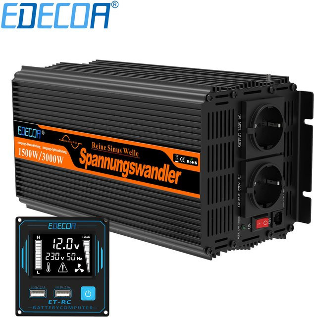 EDECOA Reiner Sinus-Wechselrichter DC 12V zu AC 220V 230V in Schwarz - Bild 1