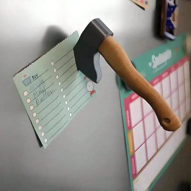 Kreativer 3D Kühlschrankmagnet Elberta in Grau mit Messer, Axt und Ahornblatt Design - Bild 1