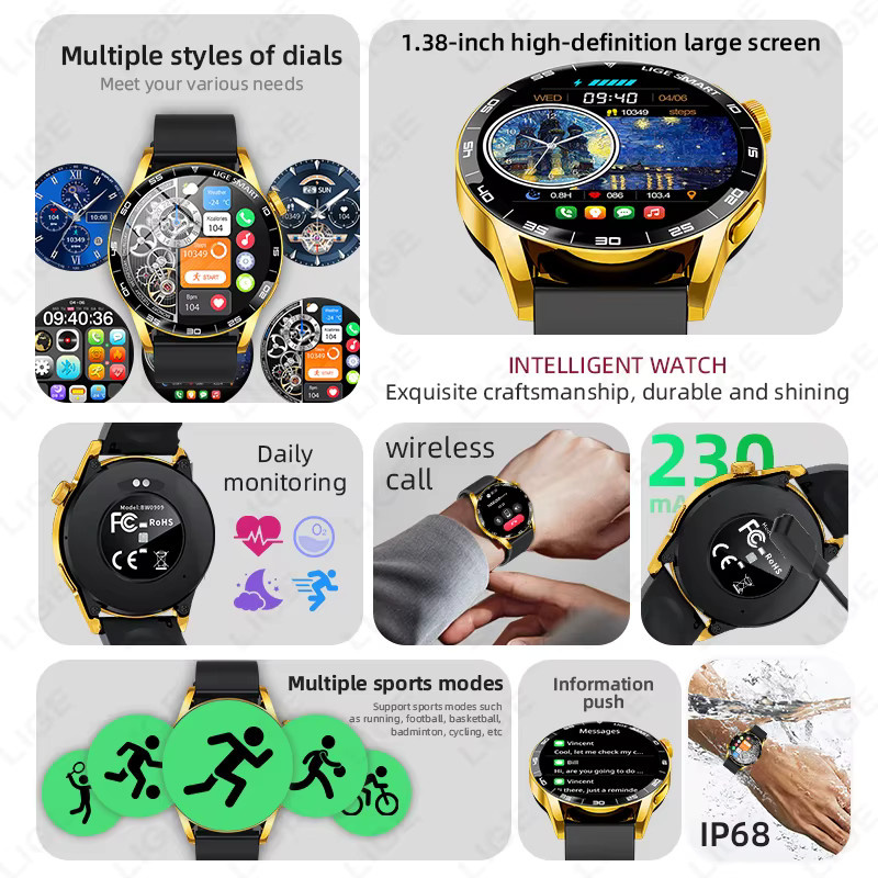 LIGE Smartwatch mit 1,38 Zoll HD-Display, Bluetooth Sprachanruf, Blutdruck- und Blutsauerstoff-Monitor, Sport- und Fitnessuhr für Männer und Frauen, Grau - Bild 2