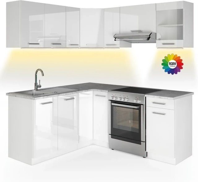Vicco Eckküche Rick Weiß Hochglanz mit Marmor-Optik und LED-Leisten B/T/H: 187 x 167 x 82 cm - Bild 1