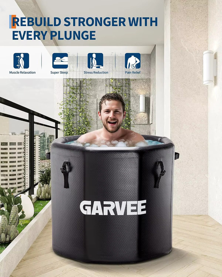 Garvee Aufblasbare Eisbadewanne Schwarz aus PVC mit isoliertem Deckel, Tragbare Kaltwasser-Tauchwanne für Kaltwasser-Therapie, B: 100 cm, T: 90 cm, H: 90 cm - Bild 2