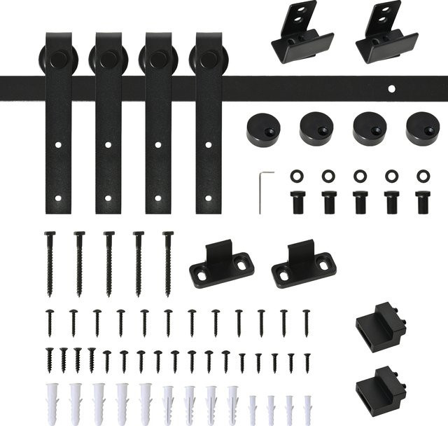 HOMCOM Schiebetürsystem für Doppel-Holztüren aus Kohlenstoffstahl in Schwarz Matt, Breite: 183 cm, Höhe: 18 cm, Tiefe: 0,6 cm - Bild 1