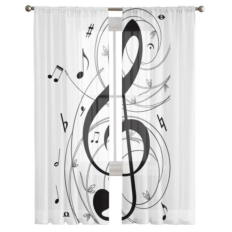 Transparente Voile-Fenstervorhänge mit Musiksymbol-Kunstmotiv von A Family Of Home Textiles in Schwarz-Weiß, Breite: 135 cm, Höhe: 114 cm - Bild 4