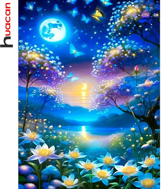 Huacan Diamantgemälde Landschaft mit Mond, Fluss und Blumen in Mehrfarbig, B/H: 30 x 20 cm - Bild 1