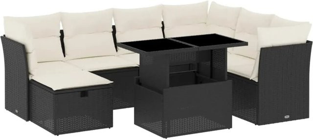 vidaXL 8-tlg Garten-Sofagarnitur in L-Form mit Kissen und Couchtisch, Schwarz, Poly-Rattan und Metall - Bild 1