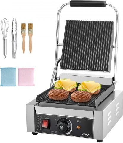 VEVOR kommerzieller Panini-Grill Kontaktgrill aus Edelstahl in Silber, 1800 W mit Temperaturregelung, Heizplatte: 22 x 23 cm - Bild 1