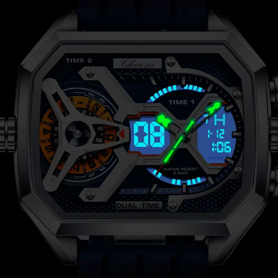 CHENXI Armbanduhr Herren, Quarz, Militärstil, Silber, Silikon, Eckig - Bild 3