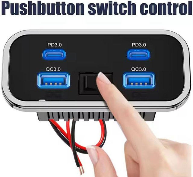 12 V USB-Steckdose mit 4 Ports für Marine, Bus und Wohnmobil, Dual PD3.0 Typ C Schnellladung & QC3.0, 76 W, Schwarz - Bild 1