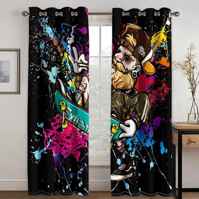 Graffiti Skateboard Vorhänge im modernen Stil, 2 Paneele, halbtransparent, Mehrfarbig, B: 50 cm, H: 130 cm - Bild 1