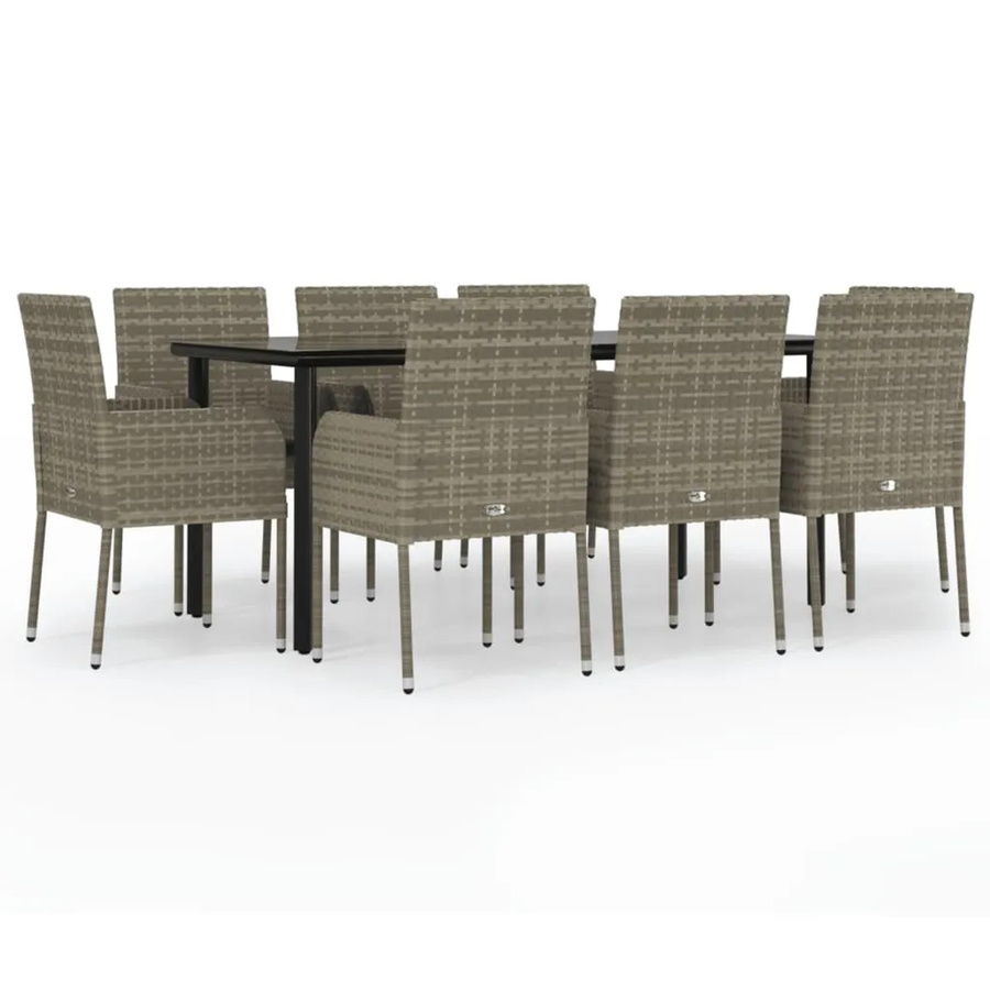 vidaXL 9-teilige Garten-Essgruppe aus Poly Rattan mit Kissen in Schwarz und Grau mit Tisch aus gehärtetem Glas - Bild 2