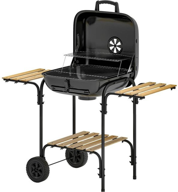 Outsunny Holzkohlegrill aus Stahl in Schwarz mit abschließbarem Deckel, Grillrost, Holzablage und Rädern, B/H/T: 54 x 91 x 98 cm - Bild 1