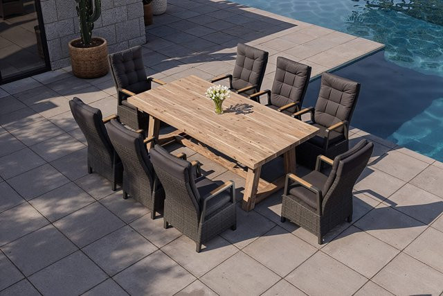 OUTFLEXX Nova Garten-Essgruppe aus Alu, Polyrattan und Teak mit 8 Sesseln, anthrazit/grau/natur, Tisch B: 220 cm, T: 110 cm, H: 75 cm (geschätzt basierend auf Standardwerten, da nur B/T im Text) – FSC-zertifiziert - Bild 1