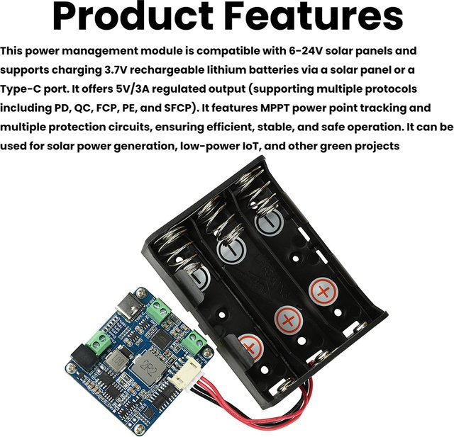 Waveshare Solar Power Management Modul mit MPPT-Unterstützung und USB-Anschluss für 6V-24V Solarpanels als Batterie-Ladegerät und Netzteil - Bild 1