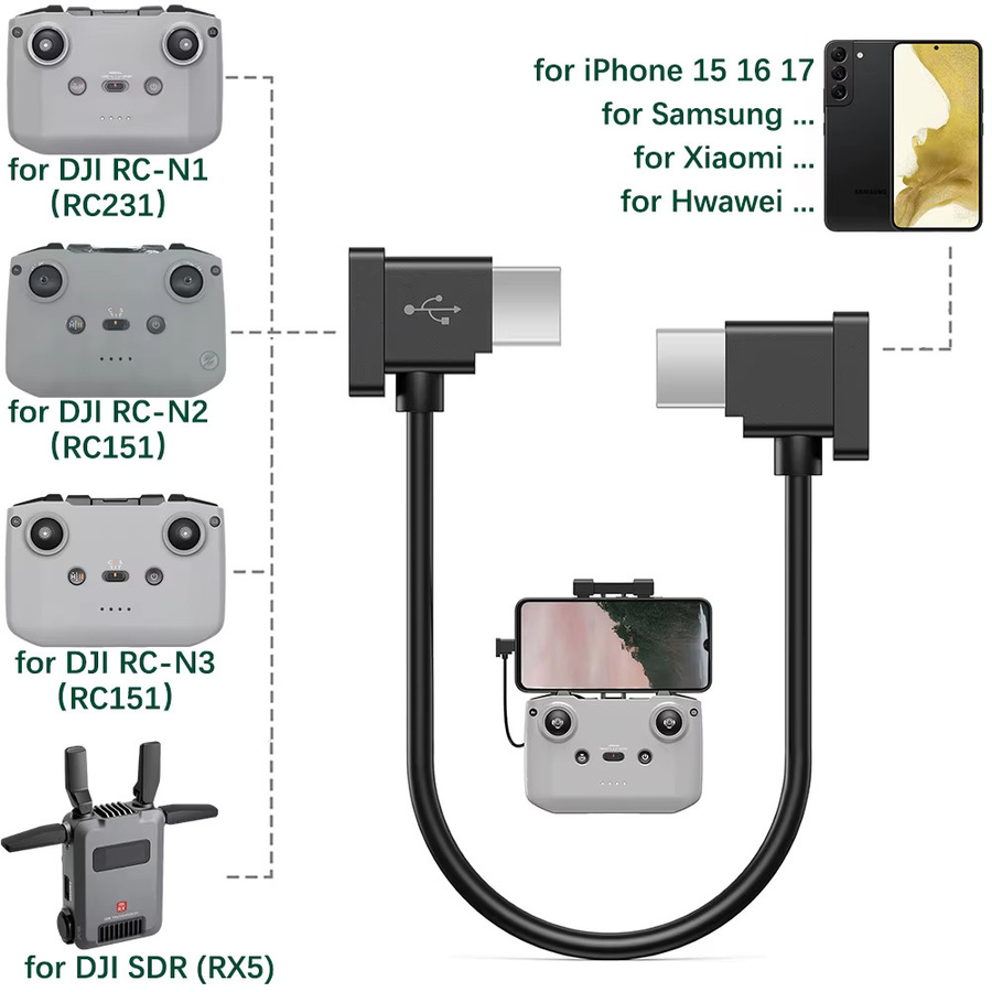 HAPPORIA USB-C auf USB-C OTG Datenkabel in Schwarz für DJI Mini 2 3 Pro, Air 2S, Mavic Air 2 und Pocket 2 zur Verbindung von Fernbedienung, Telefon und Tablet - Bild 4