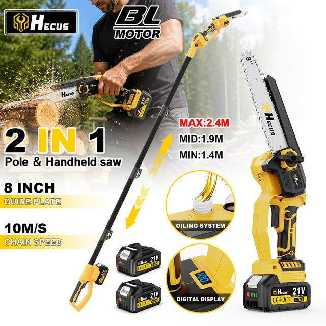 Hecus 8-Zoll Bürstenlose Teleskop-Elektrokettensäge Gelb, Akku-Gartensäge für hohe Äste und Holzbearbeitung, kompatibel mit Makita 18V LXT Akku - Bild 1