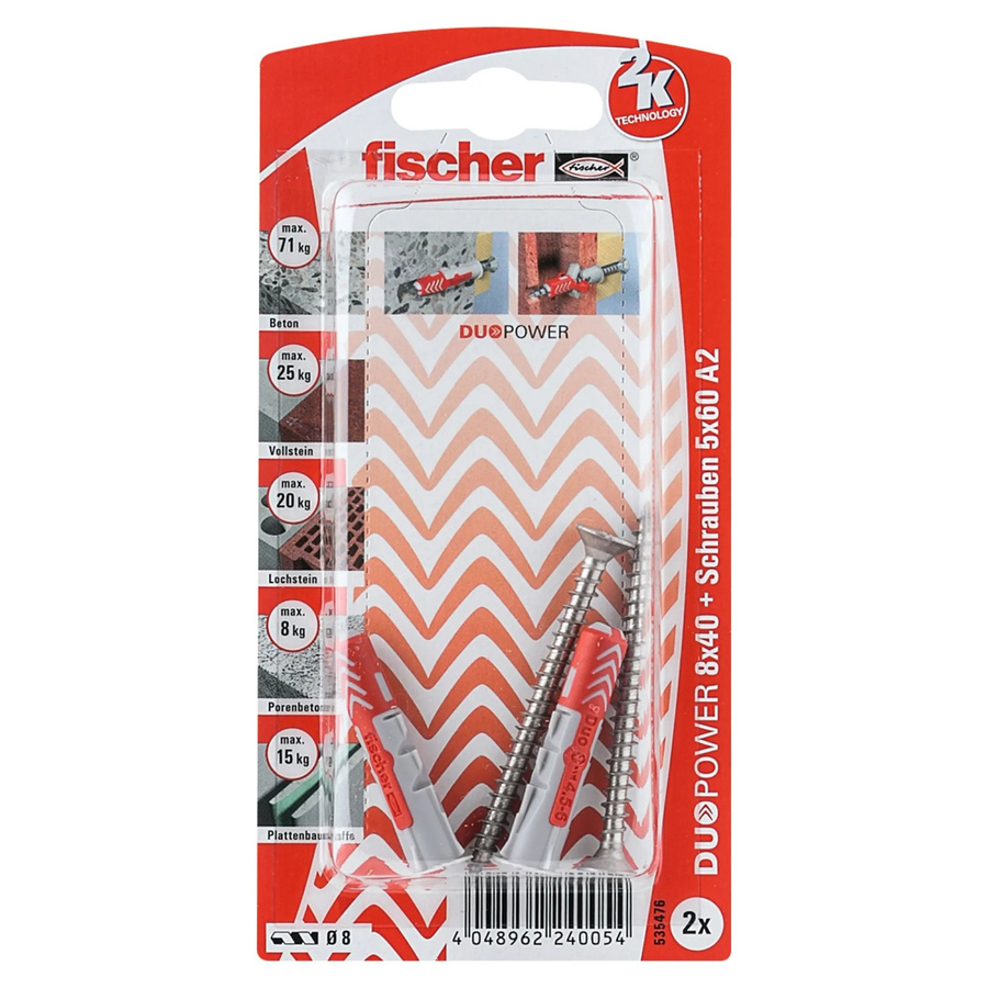 Fischer DuoPower Dübel mit Schraube Ø 8 mm x 40 mm, 2 Stück, Grau und Rot - Bild 2