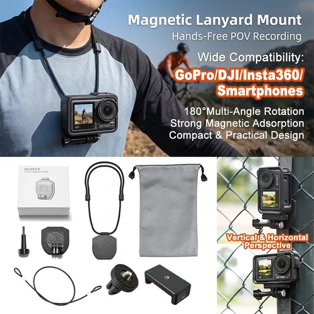SZKOSTON Magnetischer Halshalterungsadapter mit Trageband in Schwarz für DJI, Insta360 und GoPro Kameras für POV Radfahren und Vlog Zubehör - Bild 1