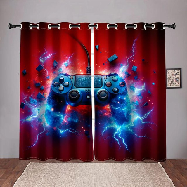 Gamer Vorhänge mit Videospiel-Controller Motiv für dein Schlafzimmer und Wohnraum, semi-transparent, Farbe: Rot, Breite: 100 cm, Höhe: 130 cm - Bild 1