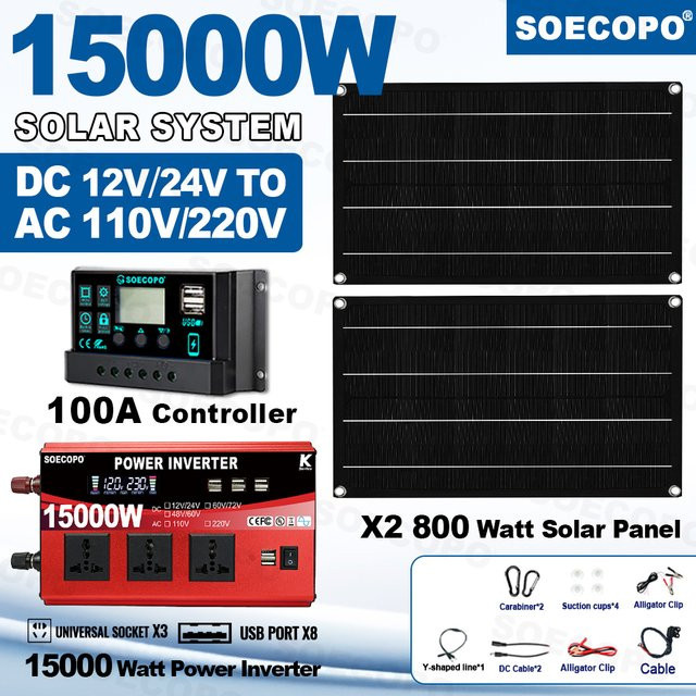 SOECOPO 15000 W Photovoltaik-System-Kit mit 2 x 800 W Solarmodulen, Wechselrichter und 100 A Controller für deine Balkonkraftanlage - Bild 1