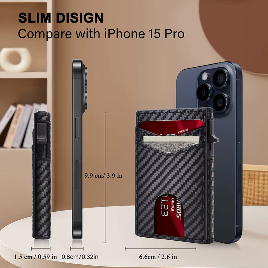 DIENQI MagSafe Kreditkartenhalter für Herren mit RFID-Blockierung, Magnetische Geldbörse im Carbon-Design für iPhone 16 15 14 Pro Max, Schwarz - Bild 4